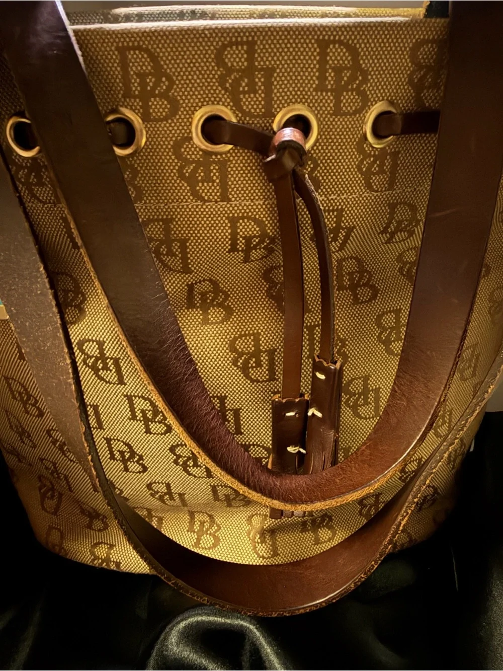 Vintage Dooney & Bourke Signature Monogram Bucket Bag, Teal Duck Fob, Made in US